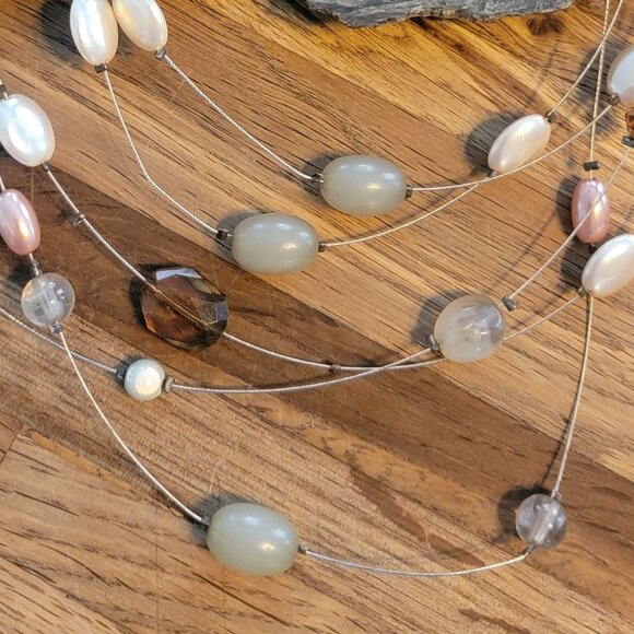 Beaded Necklace & Earring Set w Silver, White, and Amber Colors - Picture 5 of 13